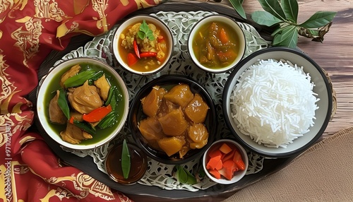 Aromatic Indonesian Eid Feast Featuring Rendang, Buncis Sayur Sambal Goreng, Ketupat, and Ayam Opor in a Vibrant Top View Presentation photo