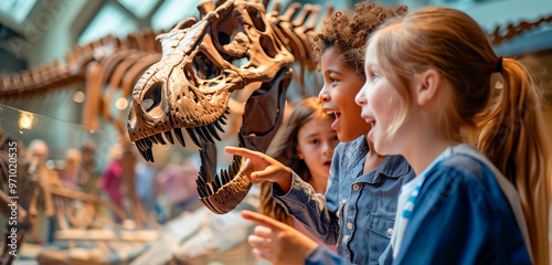Fototapeta Naklejka Na Ścianę i Meble -  Excited children exploring dinosaur exhibit in museum, pointing at large skeleton and engaging with the display, showcasing their curiosity and fascination with prehistoric creatures