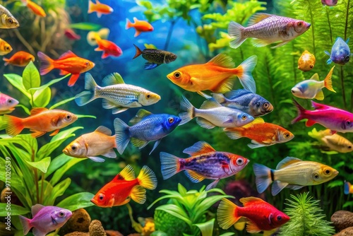 Colorful assortment of various pet fish species, including neon tetras, guppies, betta, angelfish, and cichlids, swimming in a well-decorated aquarium with lush green plants. photo