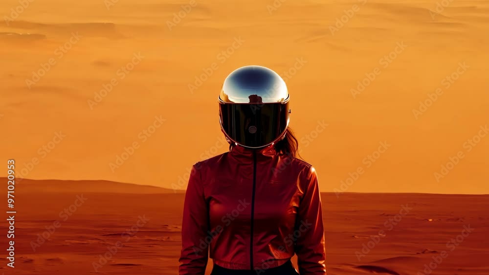 Futuristic astronaut in desert landscape with reflective helmet Futuristic astronaut in desert landscape with reflective helmet