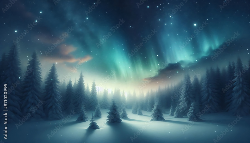 Winter landscape featuring a dense forest of snow covered pine trees under a night sky with stars Winter landscape featuring a dense forest of snow covered pine trees under a night sky with stars