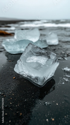 Transparent icebergs on black sand beach: nature's frozen elegance for print and design