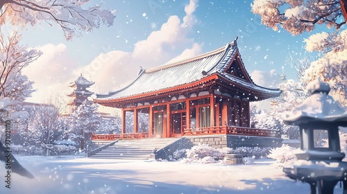 Wallpaper Mural Lofi Beautiful Japanese Japan Buddhist Temple Shinto Shrine Architecture with Snow Snowy - Anime Manga Style Cozy Chill Relax Wallpaper Background Torontodigital.ca