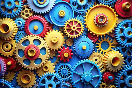 Colorful cartoon gears and cogs form a whimsical, dynamic composition, with bright blue and yellow hues, conveying innovation, creativity, and playful mechanical energy.
