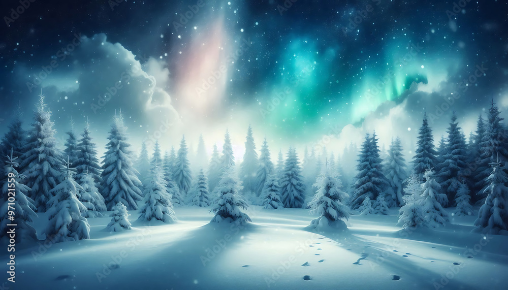 Winter landscape featuring a dense forest of snow covered pine trees under a night sky with stars Winter landscape featuring a dense forest of snow covered pine trees under a night sky with stars
