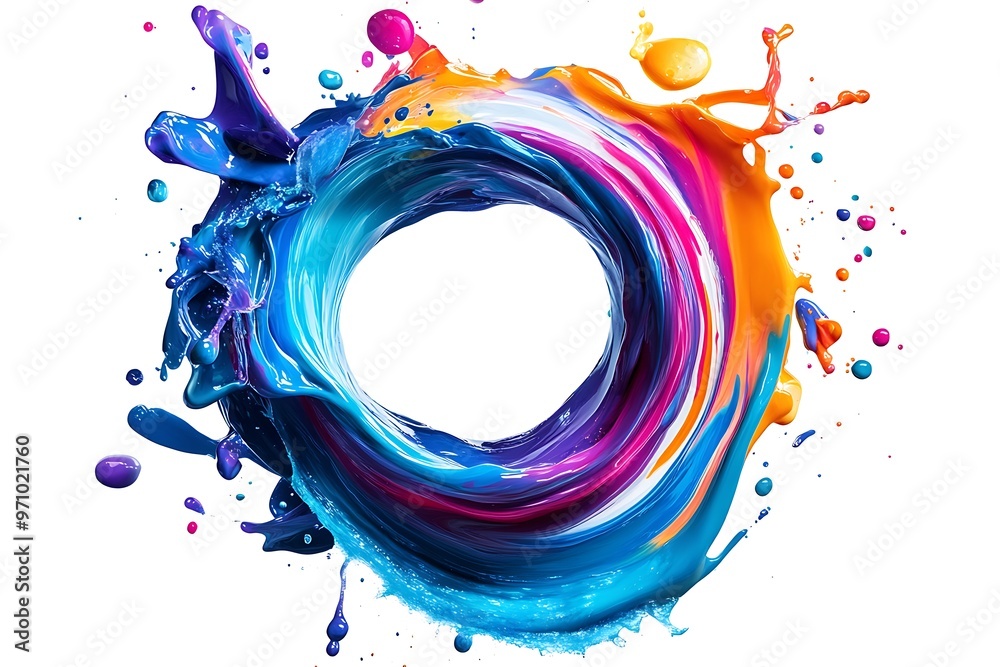 Multicolored Abstract circle liquid motion flow explosion Curved wave colorful pattern with paint drops on white background Multicolored Abstract circle liquid motion flow explosion Curved wave colorful pattern with paint drops on white background