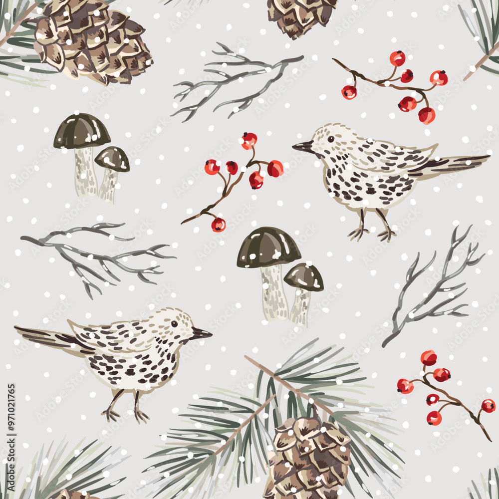 Fototapeta premium Christmas seamless pattern, birds, pine twigs, cones, red berries, mushrooms, snow, light gray background. Vector illustration. Nature design. Season greeting. Winter holidays