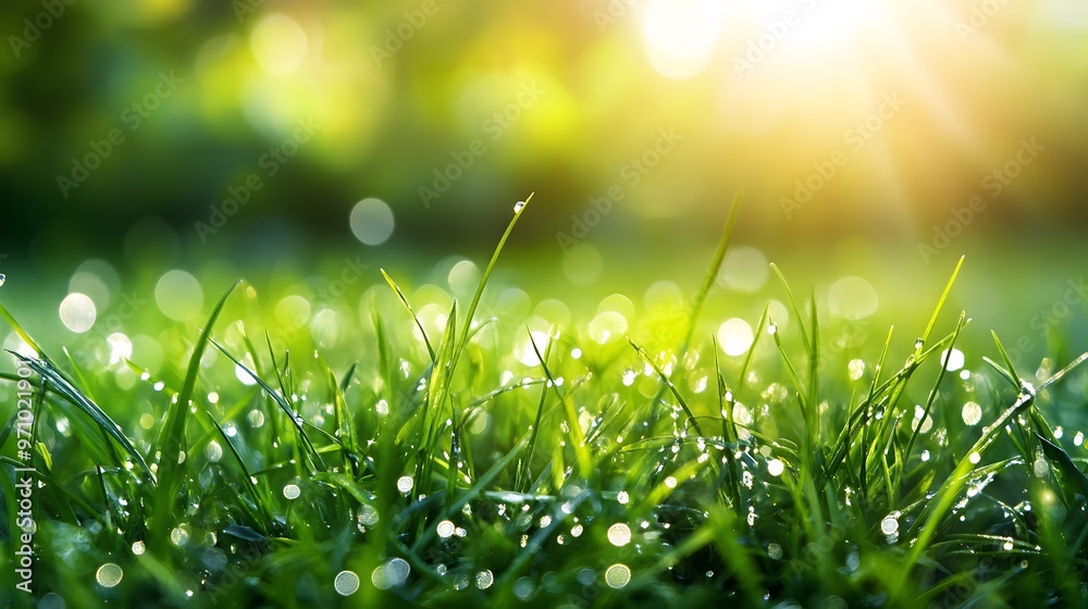 Fototapeta premium Macro photography of vibrant green grass with sunlit blades, emphasizing freshness and organic texture, highlighted by dew drops under bright natural lighting.