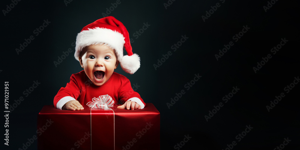 Funny cute happy baby boy wearing a Santa hat and costume with a big Christmas red gift box on black background, child and family holiday web banner