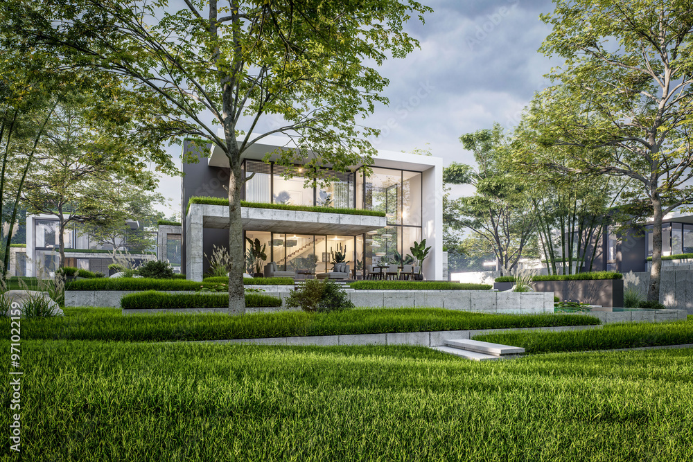 Fototapeta premium 3d rendering of flat roof house with parking and pool for sale or rent with concrete facade and beautiful landscaping. Clear summer evening with cozy light from window