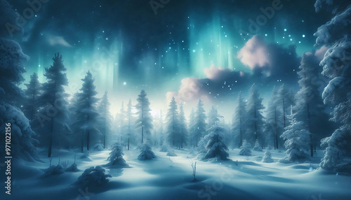 Winter landscape featuring a dense forest of snow covered pine trees under a night sky with stars
