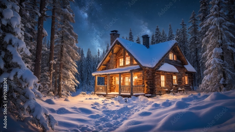 A cozy, snow-covered log cabin in the woods, illuminated by warm glowing lights. The peaceful winter night sky adds to the serene and inviting atmosphere, perfect for holiday or winter-themed designs. A cozy, snow-covered log cabin in the woods, illuminated by warm glowing lights. The peaceful winter night sky adds to the serene and inviting atmosphere, perfect for holiday or winter-themed designs.