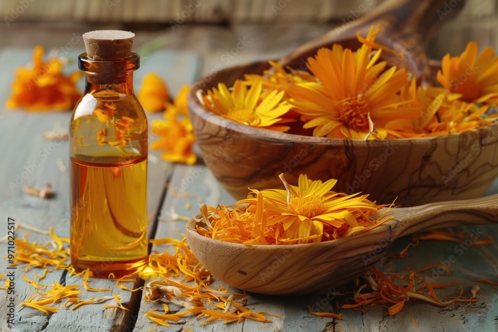 calendula essential oil, infusion or serum, wooden bowl of dry healthy calendula flowers calendula essential oil, infusion or serum, wooden bowl of dry healthy calendula flowers