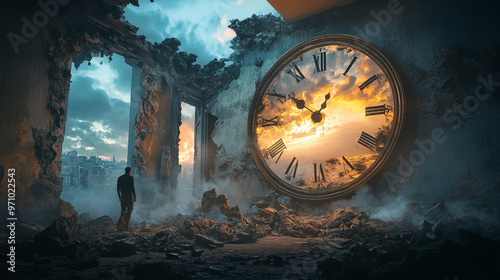 The clock at the end of the time tunnel, surrounded by bright light, reminds of the transience of life. Every step along the stone path reflects the greatness and destruction of time.