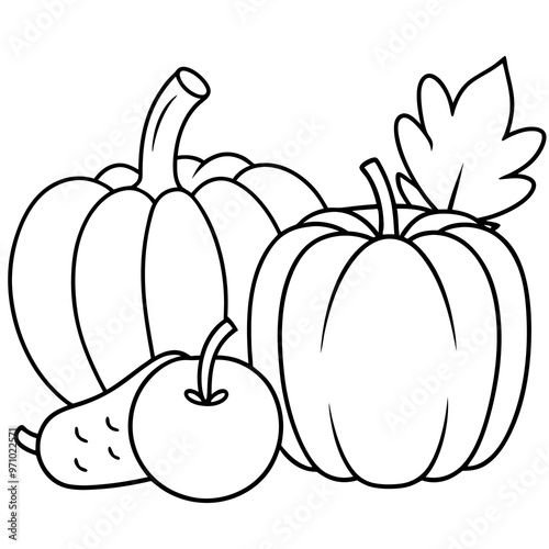 pumpkins carrot apple items outline coloring book page line art drawing