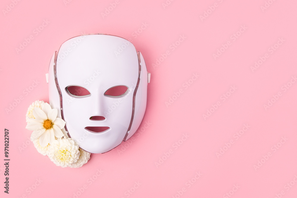 Cosmetic LED facial mask regenerative treatment on pink background with flowers dahlias. Health and beauty of the face. Cosmetic LED facial mask regenerative treatment on pink background with flowers dahlias. Health and beauty of the face.