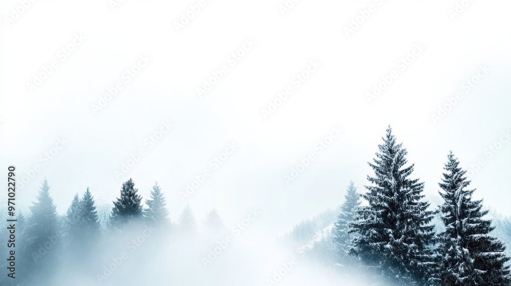 Magical Winter Wonderland Landscape with Snowy Fir Trees in Misty Forest