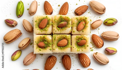 Decadent Arabic Pistachio Firni with Almonds and Mahalabia Topping on an Elegant Dessert Table photo