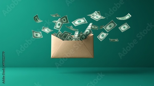 Pay day visual, dollar bills flying out of a paycheck envelope, payday joy, 3D rendering, isolated on solid background