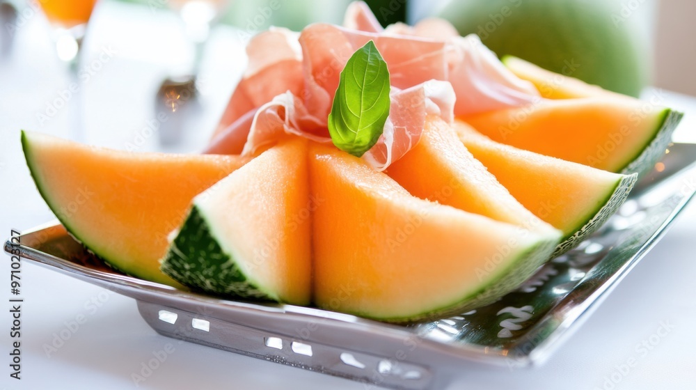 Delicious Fresh Cantaloupe Slices on Plate with Leaf Garnish Delicious Fresh Cantaloupe Slices on Plate with Leaf Garnish