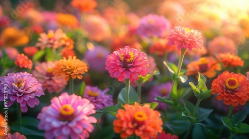 Expansive zinnia garden, symmetrical design, sunset glow, bird's-eye view, vibrant hues, detailed blossoms, wide-angle lens