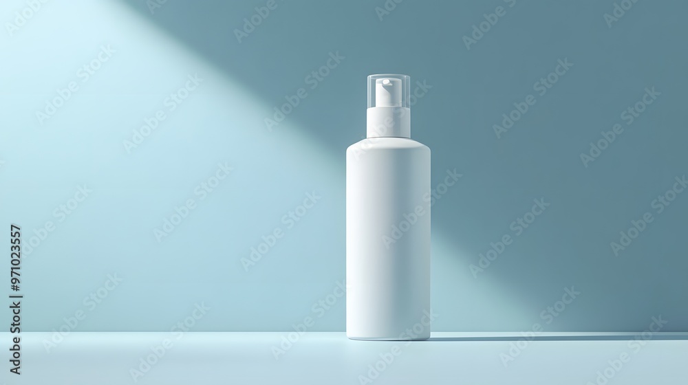 A minimalist white cosmetic spray bottle set against a pale blue background, showcasing a clean aesthetic with soft lighting and crisp details for professional photography.