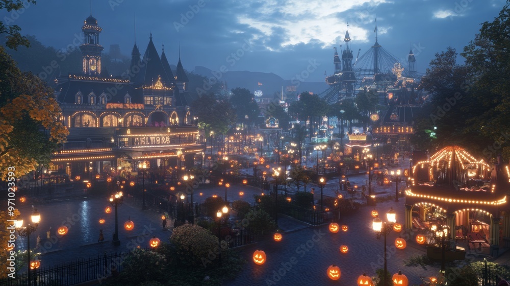 Obraz premium Halloween carnival set up at an old amusement park glowing rides