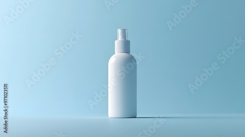 A minimalist white cosmetic spray bottle set against a pale blue background, showcasing a clean aesthetic with soft lighting and crisp details for professional photography.