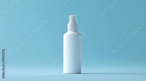 A minimalist white cosmetic spray bottle set against a pale blue background, showcasing a clean aesthetic with soft lighting and crisp details for professional photography.