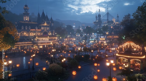 Halloween carnival set up at an old amusement park glowing rides photo