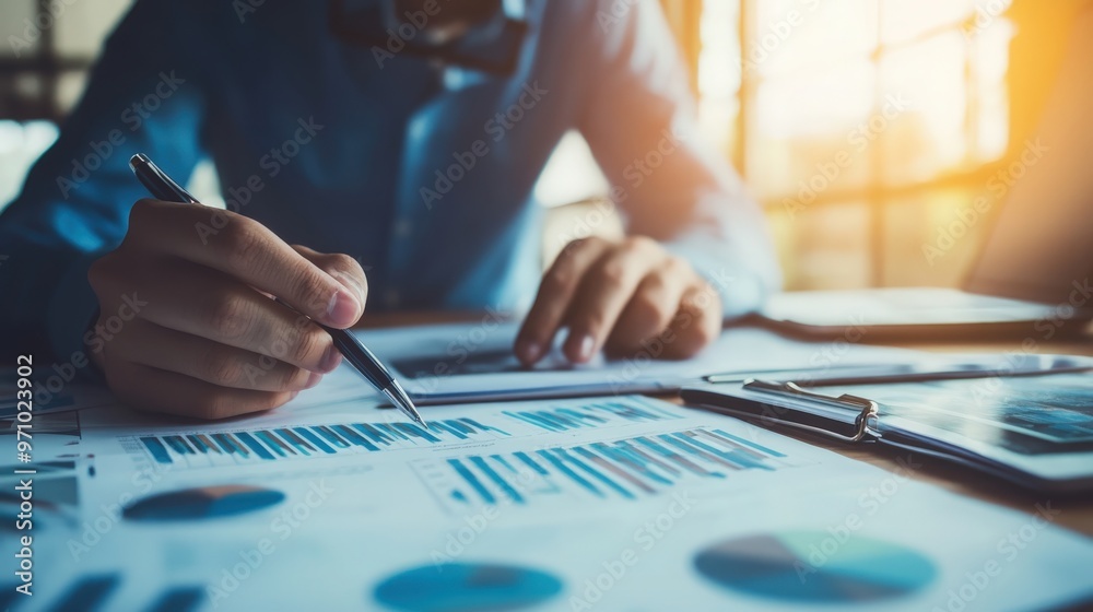 Banking business, finance and investment concept. Businessman analyzing market data, financial graph report, economic growth, business strategy, planning and solution, risk management