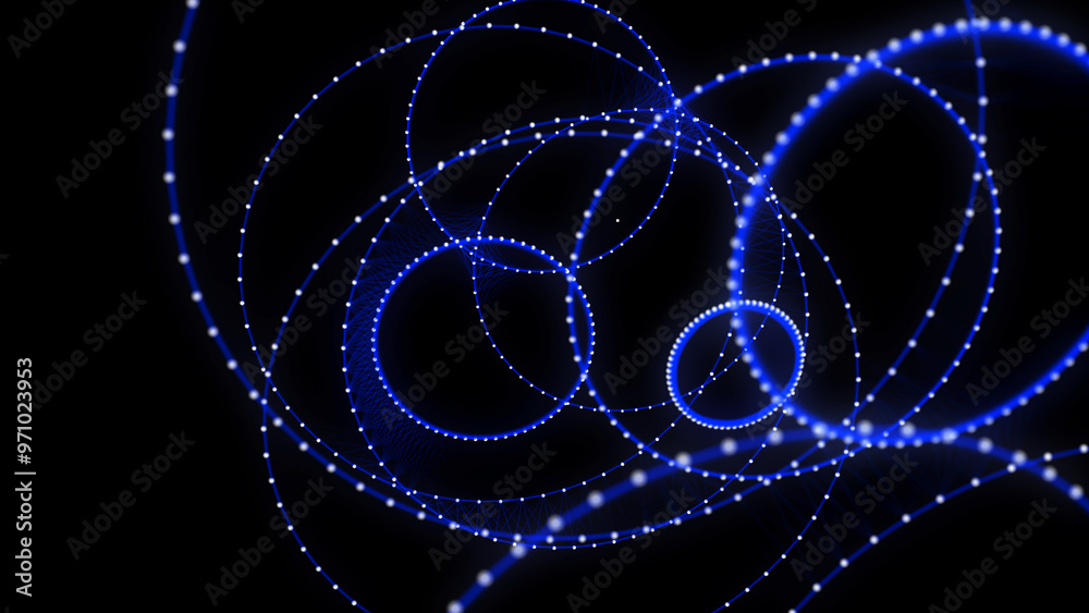 Abstract blue sphere on black background. Wireframe circle structure with glowing particles. Futuristic digital illustration. 3D rendering.