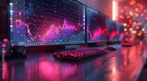 Stock Market Data on Computer Screens with Keyboard - 3D Illustration