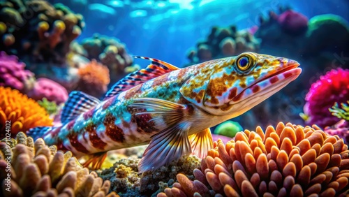 Colorful lizardfish swim amidst vibrant coral reef, shimmering scales catching sunlight, its elongated body blending with seaweed, showcasing ocean's biodiversity and beauty underwater.