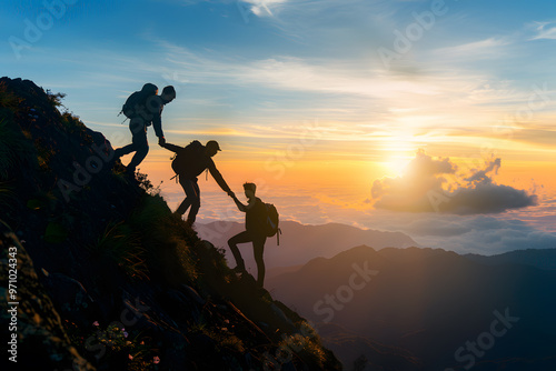The silhouette of many people climbing the snowy mountain in the sunshine