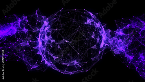 Abstract blue sphere on black background. Wireframe circle structure with glowing particles and lines. Futuristic digital illustration. 3D rendering.