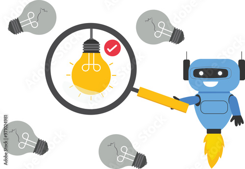 Robot with artificial intelligence using a magnifying glass with a light bulb. Validate Your Idea. Find a problem. Flat vector illustration.

