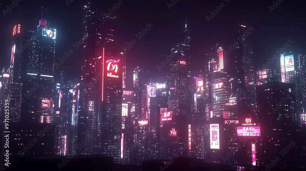 Nighttime view of a futuristic city skyline with neon signs Nighttime view of a futuristic city skyline with neon signs