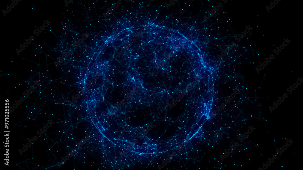 Abstract blue sphere on black background. Wireframe circle structure with glowing particles and lines. Futuristic digital illustration. 3D rendering. Abstract blue sphere on black background. Wireframe circle structure with glowing particles and lines. Futuristic digital illustration. 3D rendering.