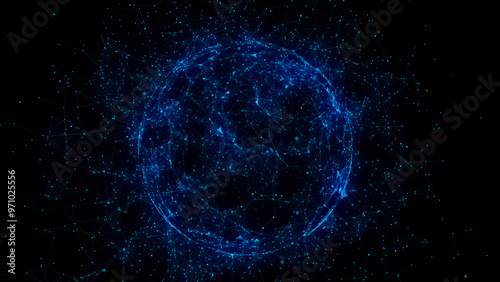 Abstract blue sphere on black background. Wireframe circle structure with glowing particles and lines. Futuristic digital illustration. 3D rendering.