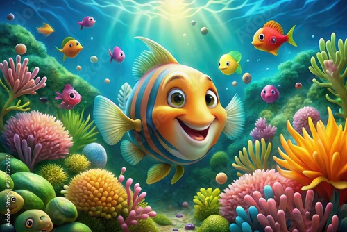 Colorful whimsical underwater scene featuring a smiling cartoon fish surrounded by seaweed, coral, and bubbly water, with a subtle gradient of blue and green hues.