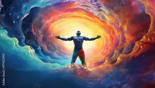 Dynamic Human Figure Surrounded by Colorful Energy Waves 