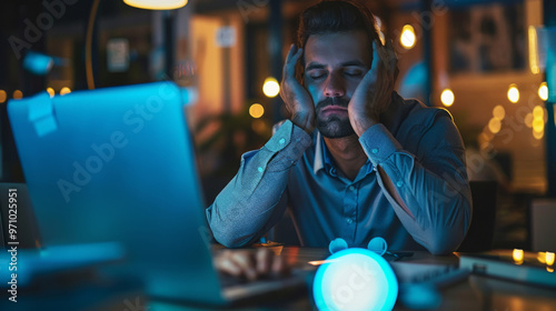 A tired man struggles to concentrate while working late at night amid a dimly lit office environment