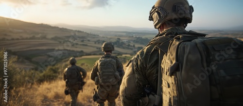 British army soldiers tabbing with 25Kg bergens across open countryside photo