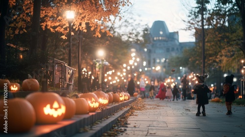 Halloween fair at an old theater glowing pumpkins lining the steps photo