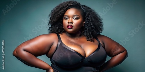 Confident plus-sized woman with luscious curves, dark skin, and striking features, exuding sensuality and empowerment in a bold, body-positive pose. photo