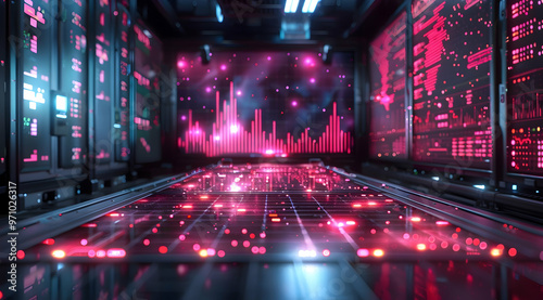 Futuristic Digital Interface with Red Lights and Data Visualization - 3D Illustration