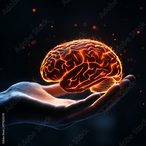 A colorful  human brain, representing the creativity, innovation, and potential of the human mind,
hi tech human brain made by neon glow is hovering on a black background
