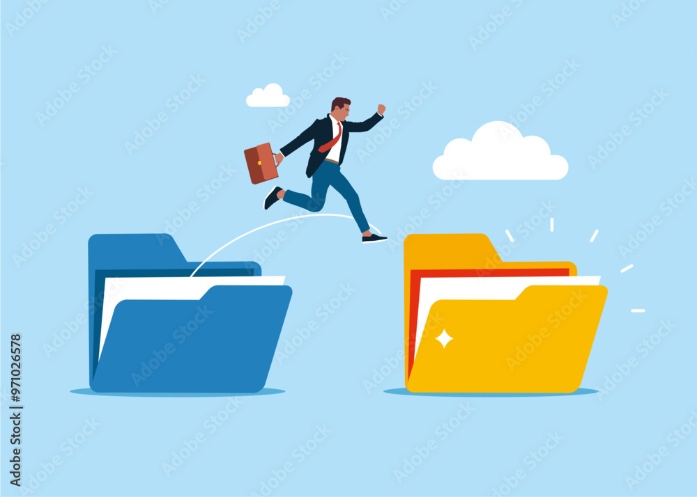 Smart businessman jump from old to new folder. Organize files folder, improvement and adaptation to new normal concept. Flat vector illustration Smart businessman jump from old to new folder. Organize files folder, improvement and adaptation to new normal concept. Flat vector illustration