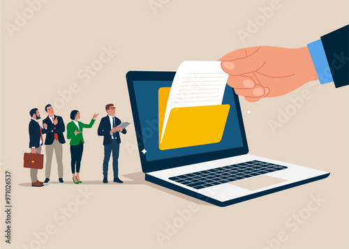 Entrepreneurs organize document files into archive folders on the computer. Flat vector illustration